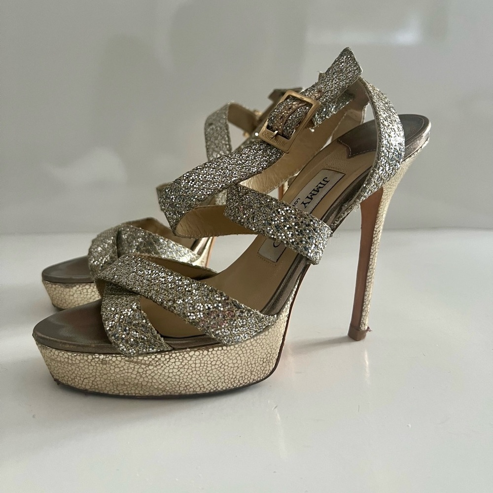 Jimmy Choo Metallic Gold/Silver Glitter Vamp  Platform Strappy Sandals Size 36.5